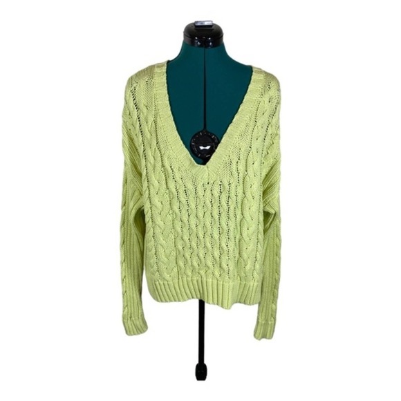 Line the Label Leah V-Neck Cable Knit Sweater Citron Lime Green - Picture 2 of 7